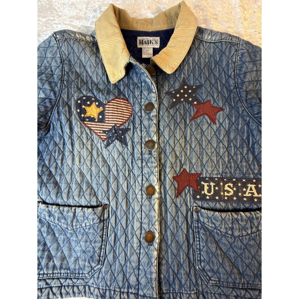 Vintage HAIKS Quilted Denim Jacket Womens L USA Flag Stars Americana Y2K